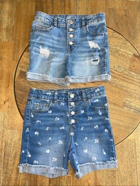 Denim distressed & Floral button-front shorts - blue